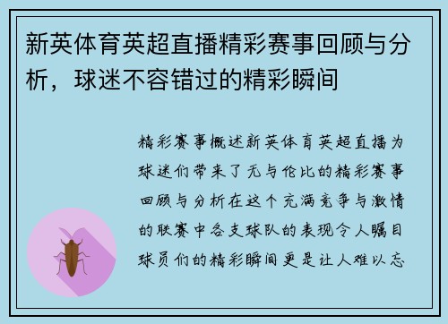 新英体育英超直播精彩赛事回顾与分析，球迷不容错过的精彩瞬间